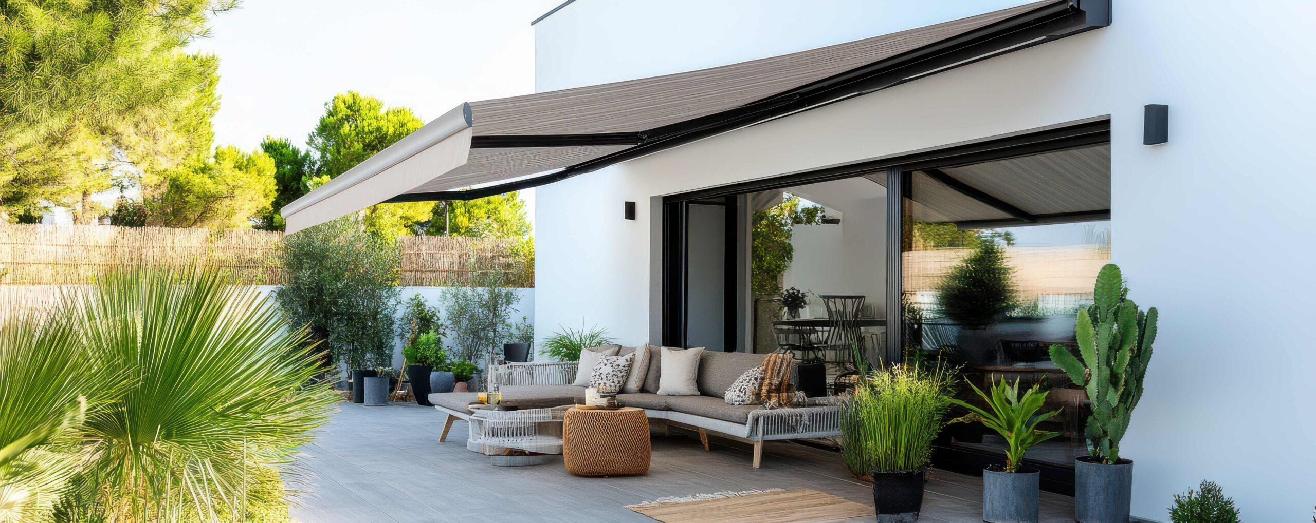 Stilvolle Außenpatio mit modernen Möbeln, Pflanzen und einer ausfahrbaren Markise, perfekt zum Entspannen und für geselliges Beisammensein.